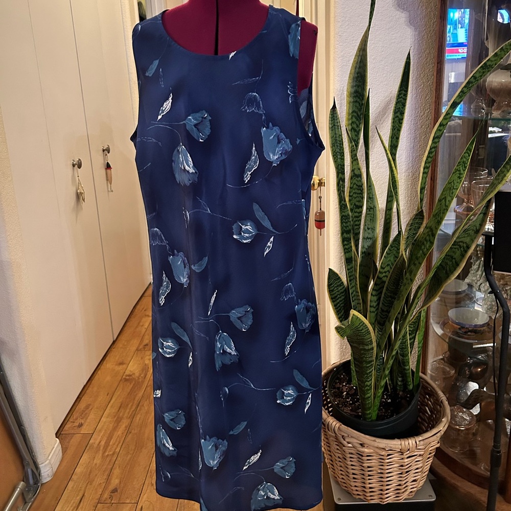 DBY LTD. Navy Blue Background Dress with Muted Floral Design.
